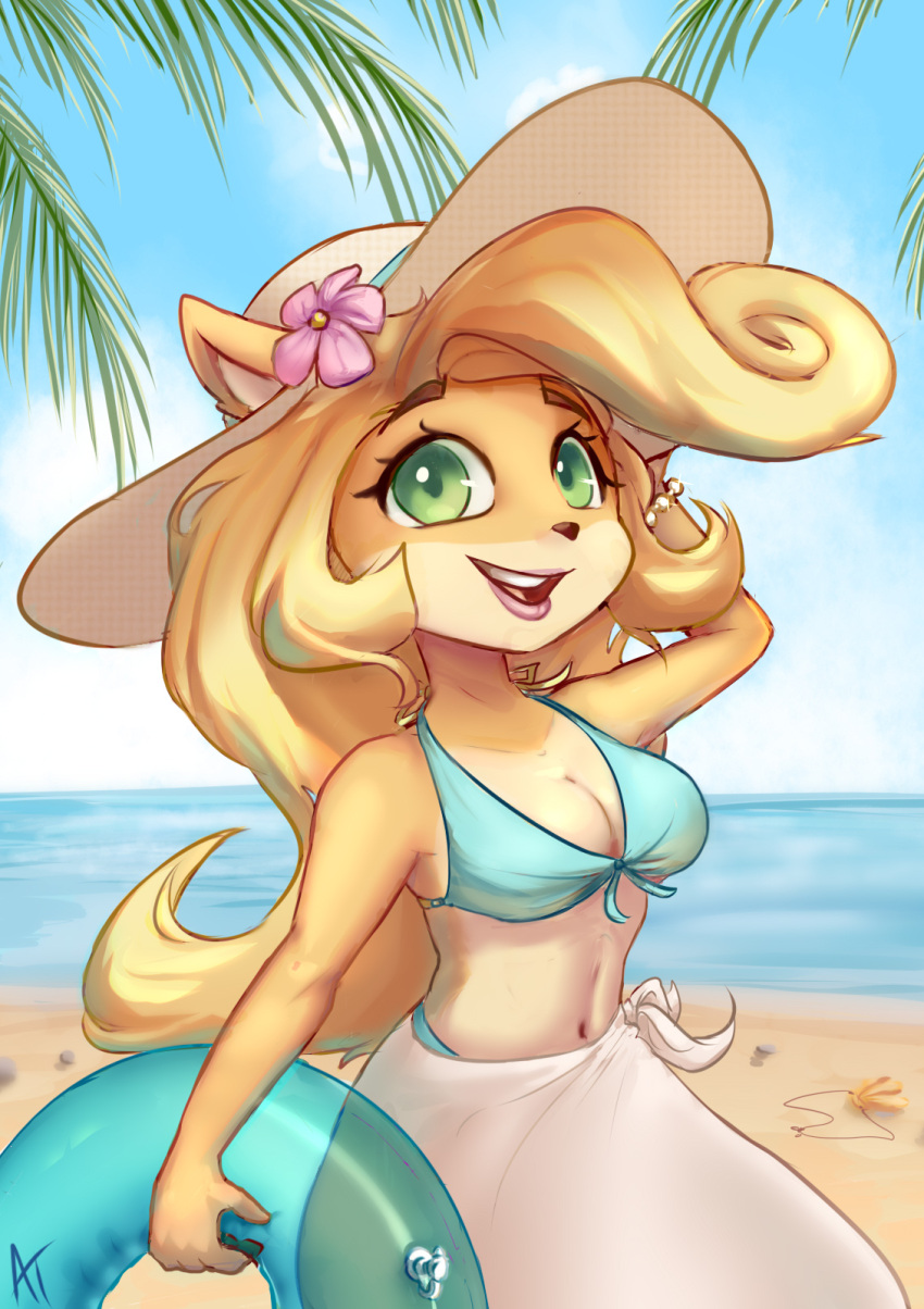 accessory activision alex-toons anthro beach bikini blonde_hair breasts cleavage clothed clothing coco_bandicoot crash_bandicoot_(series) female flower flower_in_hair green_eyes hair hair_accessory hat headgear headwear hi_res lipstick long_hair makeup mammal marsupial navel open_mouth open_smile plant sand seaside signature smile solo swim_ring swimwear water
