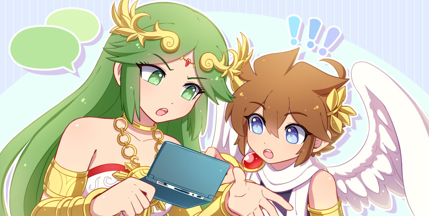 ! !! 1boy 1girl ahoge angel angel_wings armlet bare_shoulders blue_eyes brown_hair collarbone derivative_work drop_shadow enni forehead_jewel green_hair handheld_game_console highres holding holding_handheld_game_console kid_icarus kid_icarus_uprising laurel_crown long_hair looking_at_another nintendo_3ds open_mouth palutena pit_(kid_icarus) screencap_redraw wings