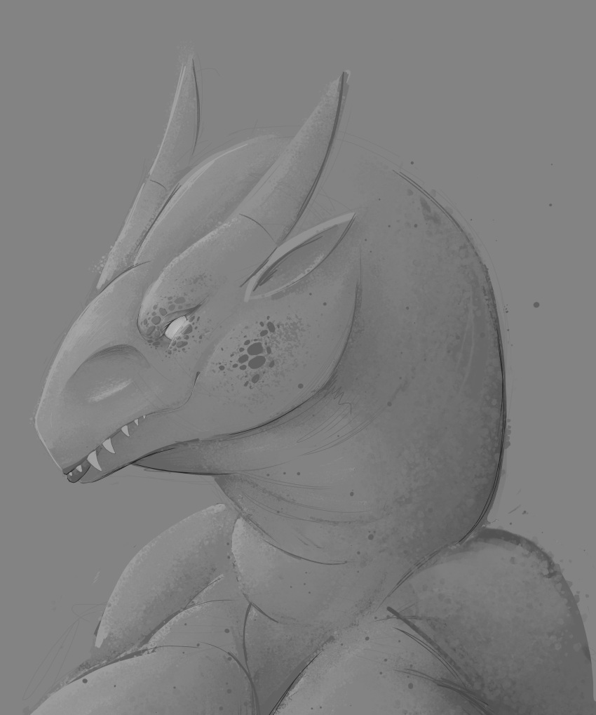 absurd_res anthro big_breasts breasts dragon female ferrea glowing glowing_eyes hi_res horn monochrome prehistoric_predation self_portrait sketch smile solo thick_neck