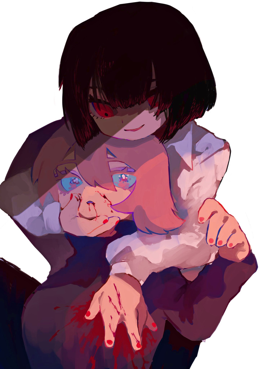 2girls black_hair black_sweater blood blood_on_clothes blood_on_face blue_eyes breasts collared_shirt commentary_request faust_(limbus_company) highres large_breasts limbus_company long_sleeves looking_at_viewer mochigome_138 multiple_girls parted_lips project_moon red_nails ryoshu_(limbus_company) shirt short_hair simple_background smile sweater upper_body white_background white_hair white_shirt yuri