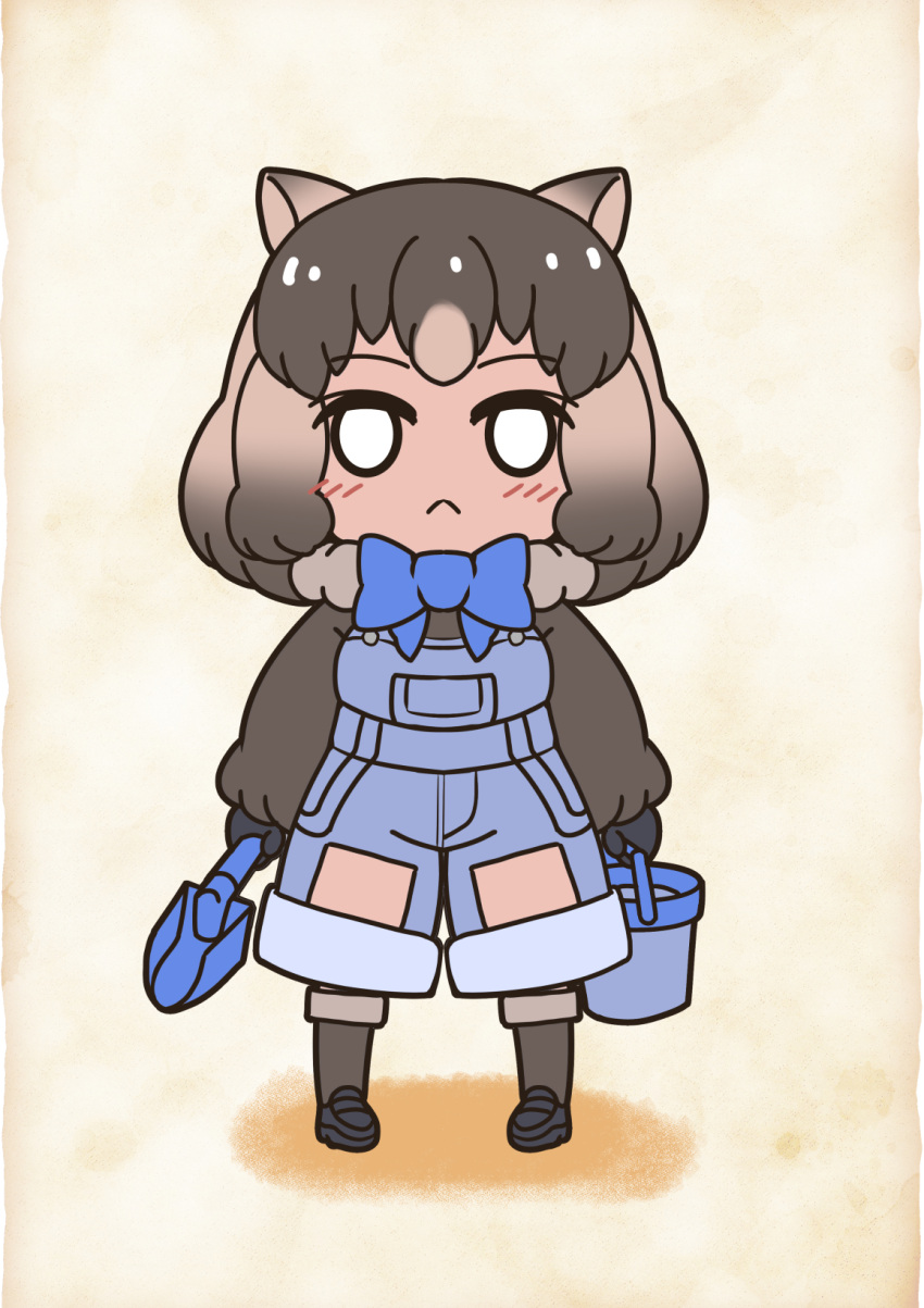 1girl animal_ears blush boots bow bowtie brown_background brown_hair bucket closed_mouth common_wombat_(kemono_friends) extra_ears full_body gloves highres kawanami_eito kemono_friends kemono_friends_3 looking_at_viewer overalls scarf shirt short_hair shovel simple_background solo