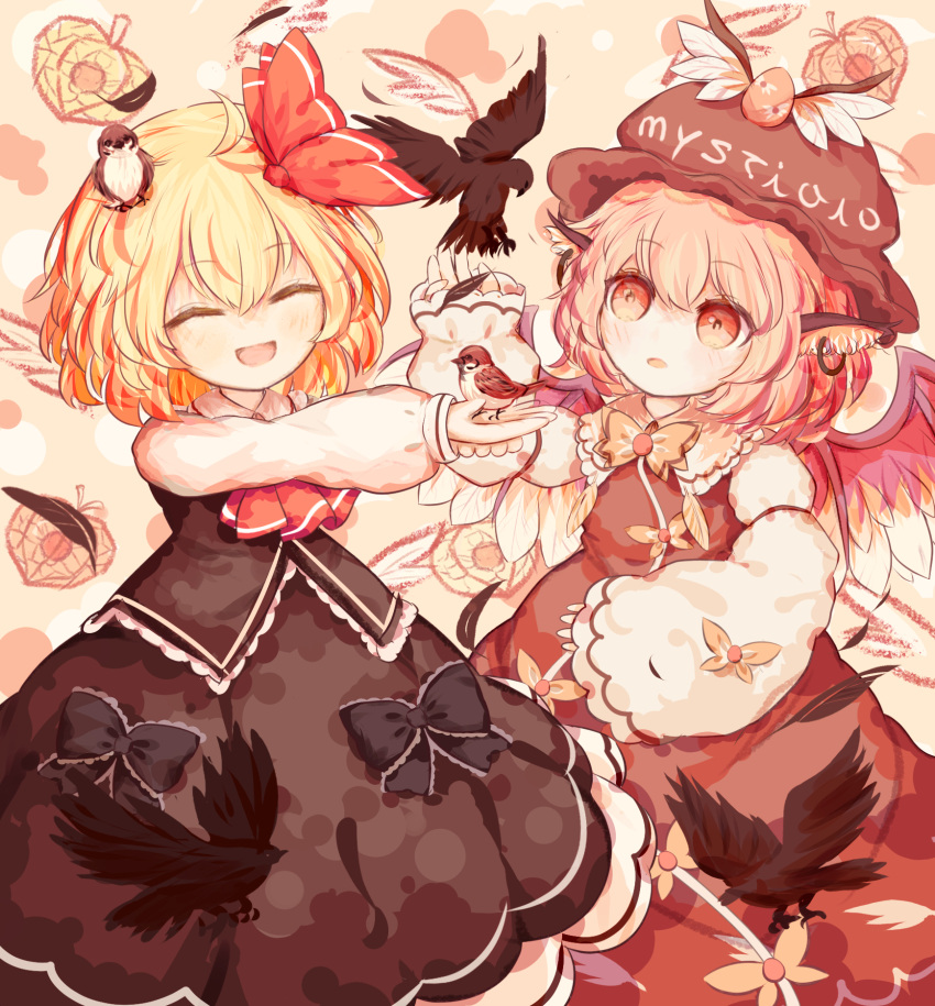 2girls ahoge animal animal_ears animal_on_head ascot bird bird_ears bird_on_hand bird_on_head bird_wings black_bow black_skirt black_vest blonde_hair blush bow brown_dress brown_headwear closed_eyes collared_shirt dress earrings hair_ribbon hat highres jewelry long_sleeves multiple_girls mystia_lorelei on_head open_mouth pink_eyes pink_hair red_ascot red_ribbon ribbon ro.ro rumia shirt short_hair skirt sleeve_garter smile sparrow touhou upper_body vest white_shirt white_wings winged_hat wings