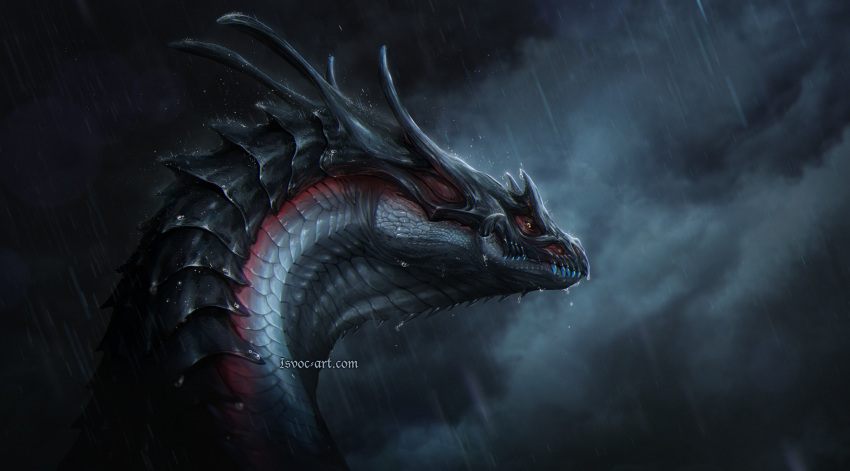 2023 ambiguous_gender black_body black_scales digital_media_(artwork) dragon feral grey_body grey_scales headshot_portrait hi_res isvoc night outside portrait raining red_body red_scales scales solo