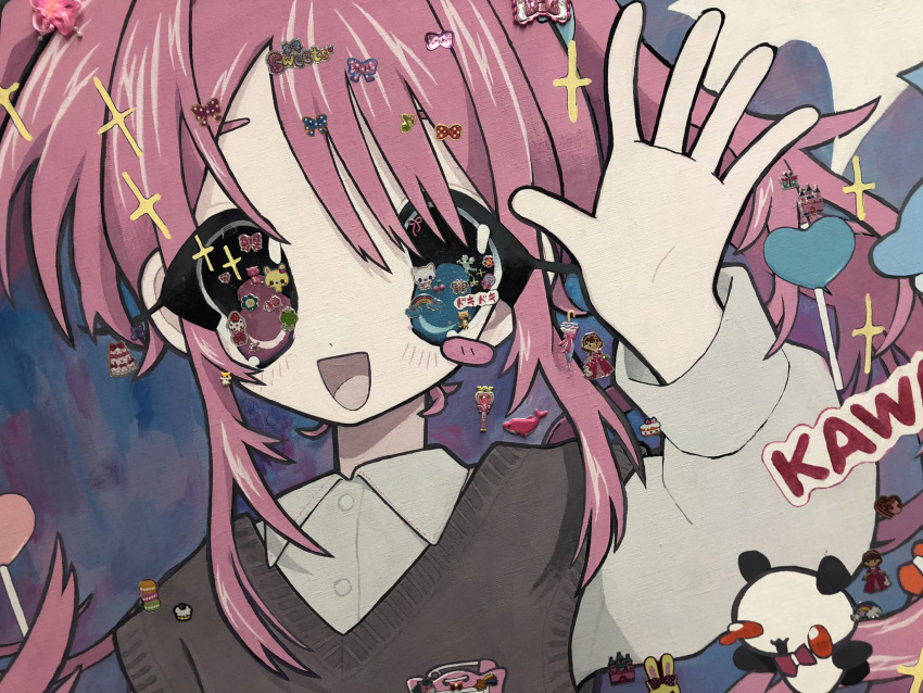 1girl :d blue_eyes blush_stickers collared_shirt cropped dolphin eyes_visible_through_hair grey_sweater_vest hand_up heart heterochromia highres long_hair long_sleeves looking_at_viewer momose_kikuka nail_polish open_mouth orca original panda pink_hair purple_eyes school_uniform shirt single_blush_sticker smile solo sparkle sticker sweater_vest traditional_media upper_body white_shirt