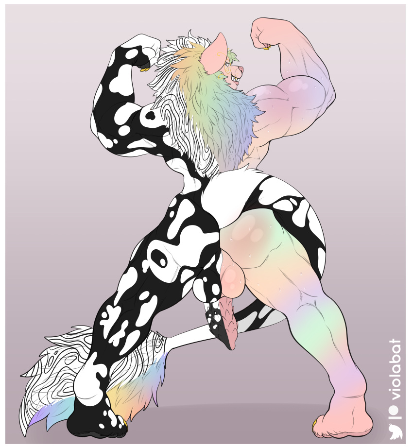 abstract_background absurd_res anthro felid flexing flexing_bicep flexing_both_biceps genitals hi_res lion looking_at_viewer male mammal muscular muscular_male pantherine penile_spines penis smile smiling_at_viewer solo viola_bat