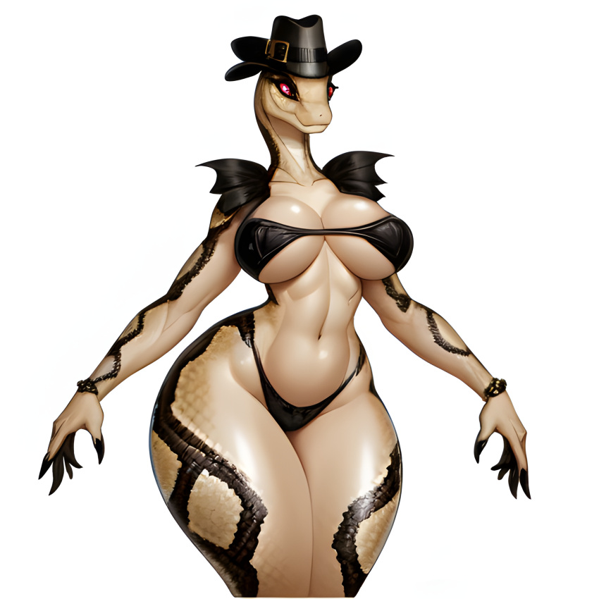 anthro breasts clothing cowboy_hat cowgirl_hat curvaceous curvy_female curvy_figure female grey_body grey_skin hat headgear headwear hi_res red_eyes reptile scales scalie snake solo voluptuous wide_hips