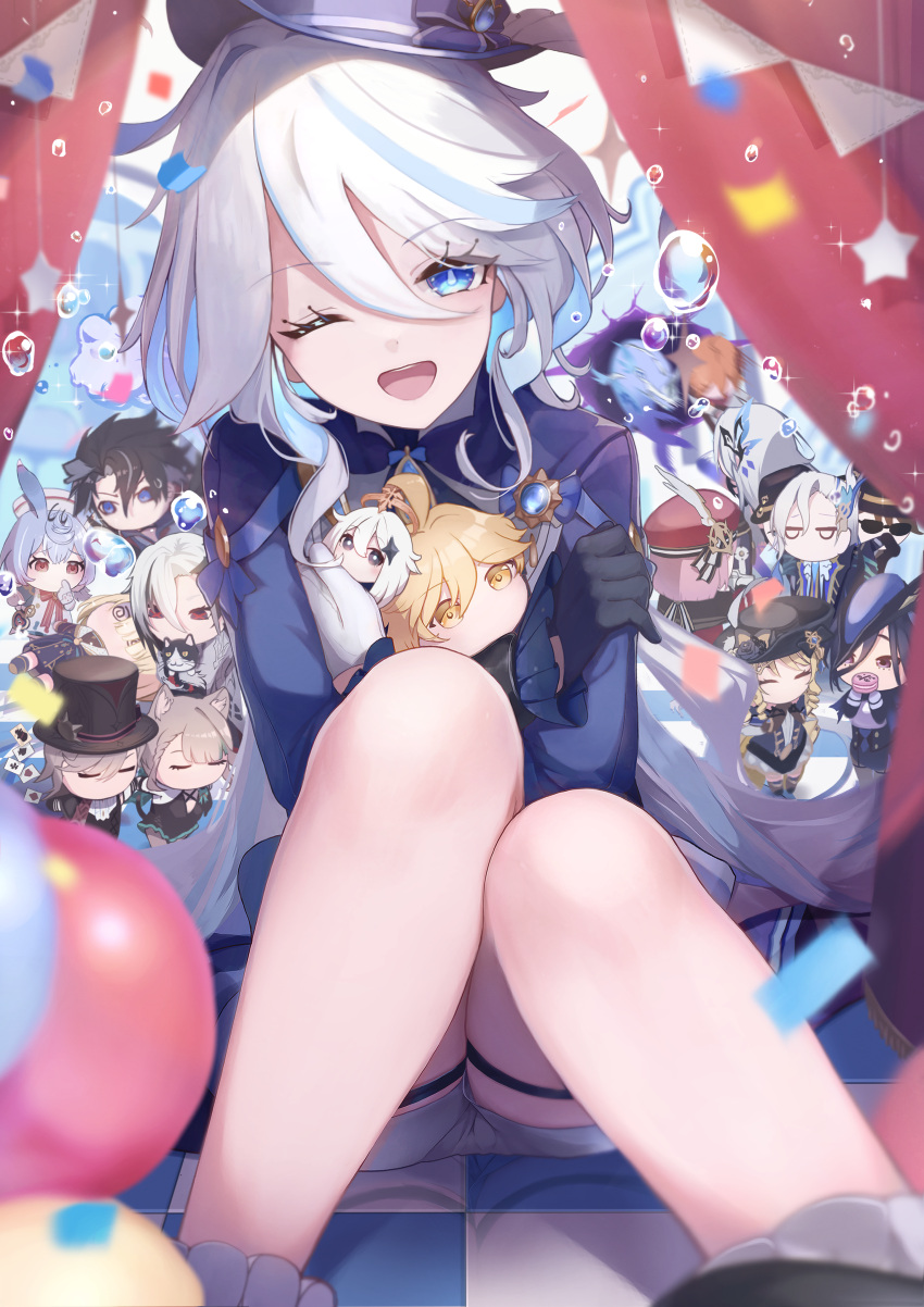 6+boys 6+girls :d absurdres animal_ears black_gloves blonde_hair blue_eyes blue_gemstone blue_hair bubble cat_ears cat_girl charlotte_(genshin_impact) checkered_floor chibi clorinde_(genshin_impact) freminet_(genshin_impact) furina_(genshin_impact) gem genshin_impact gloves halo hat highres ichien_ekaki lynette_(genshin_impact) lyney_(genshin_impact) multiple_boys multiple_girls navia_(genshin_impact) neuvillette_(genshin_impact) one_eye_closed paimon_(genshin_impact) pink_hair shorts sigewinne_(genshin_impact) sitting skirk_(genshin_impact) smile star_(symbol) string_of_flags tartaglia_(genshin_impact) top_hat white_hair white_shorts wriothesley_(genshin_impact) yellow_eyes