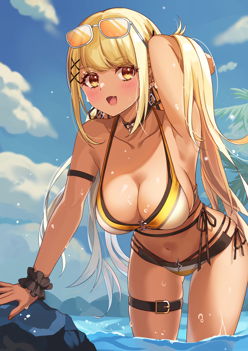 1girl alternate_costume arm_behind_head armpits bent_over bikini black_bikini black_choker blonde_hair blush breasts choker cloud collarbone dark-skinned_female dark_skin day earrings eyewear_on_head fang fujishiro_kokoa gradient_hair gyaru hair_ornament heart_o-ring highres jewelry kaminari_qpi large_breasts layered_bikini lightning_bolt_symbol long_hair looking_at_viewer multi-strapped_bikini multicolored_hair navel o-ring o-ring_bikini ocean open_mouth orange-tinted_eyewear orange_bikini orange_nails outdoors side-tie_bikini_bottom skin_fang skindentation sky solo sunglasses swept_bangs swimsuit thigh_strap tinted_eyewear very_long_hair virtual_youtuber vspo! wading water wet white_bikini white_hair x_hair_ornament