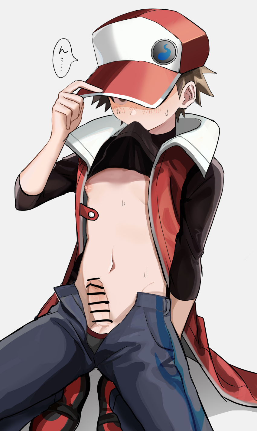1boy absurdres baseball_cap black_shirt blue_pants blush brown_eyes brown_hair censored clothes_lift coat erection grey_background hand_on_headwear hat highres kayupon looking_at_viewer male_focus male_underwear mouth_hold nipples pants penis pokemon pokemon_(game) pokemon_lgpe red_(pokemon) shirt shoes simple_background sleeveless_coat solo sweat underwear