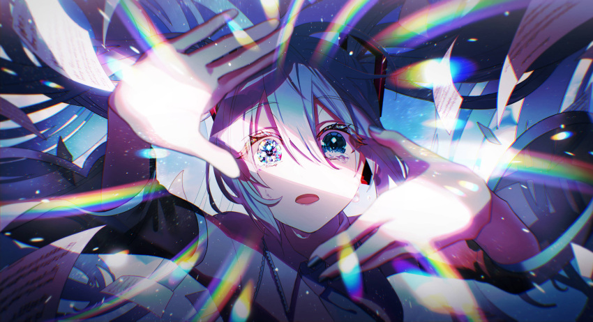 1girl absurdres bare_shoulders black_sleeves blue_eyes blue_hair blue_necktie collared_shirt crying crying_with_eyes_open detached_sleeves finger_frame floating_hair frilled_shirt frills hair_between_eyes hair_ornament hands_up hatsune_miku highres kika long_hair looking_at_viewer multicolored_eyes necktie open_mouth paper portrait rainbow raised_eyebrows sheet_music shirt sidelocks sleeveless sleeveless_shirt solo straight-on tears twintails vocaloid white_shirt