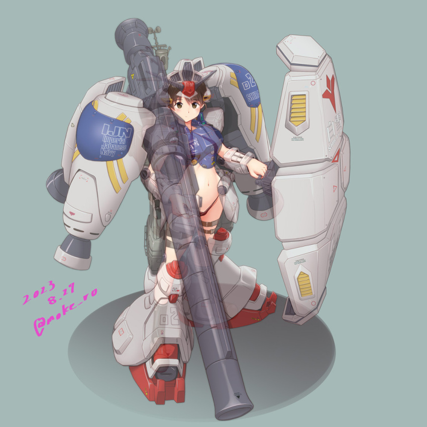 1girl brown_eyes brown_hair cosplay dated grey_background gundam gundam_0083 gundam_gp-02_physalis helmet kantai_collection looking_at_viewer m1_bazooka mecha_musume moke_ro one-piece_swimsuit red_one-piece_swimsuit rocket_launcher shield shirayuki_(kancolle) short_hair simple_background slingshot_swimsuit solo swimsuit twitter_username weapon x-ray