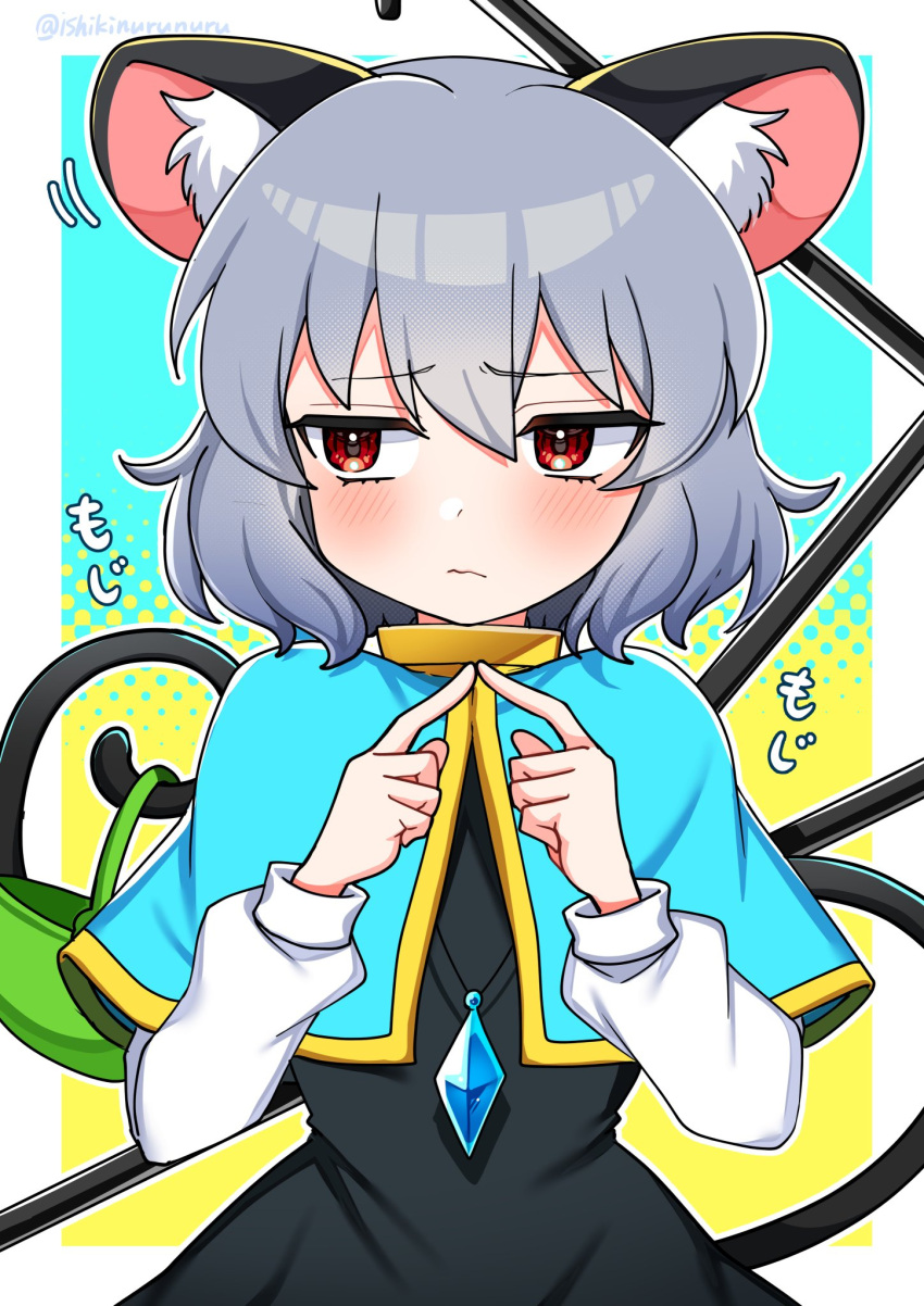1girl animal_ears basket blue_background blue_capelet blush capelet commentary_request dowsing_rod finger_to_mouth grey_hair highres ishiki_nuru jewelry long_sleeves looking_to_the_side mouse_ears mouse_girl mouse_tail nazrin one-hour_drawing_challenge pendant red-eyes_black_dragon red_eyes short_hair solo tail touhou two-tone_background upper_body yellow_background