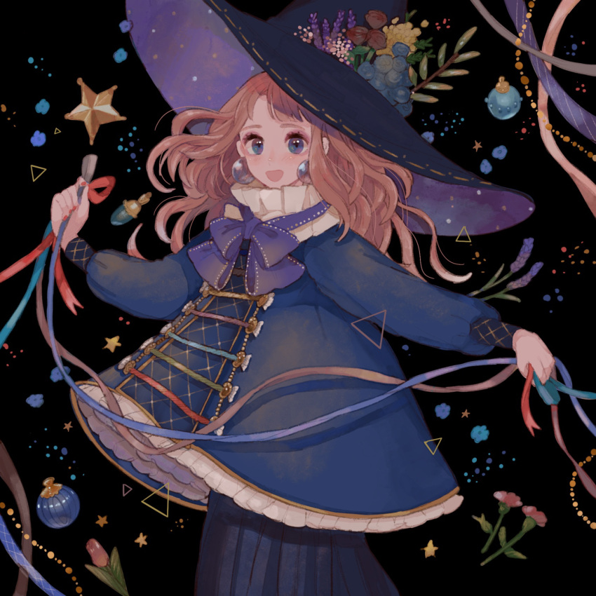 1girl blue_eyes blush brown_hair collar earrings flower frilled_collar frilled_jacket frills hat hat_flower high_collar highres holding holding_ribbon jacket jewelry long_hair long_sleeves looking_at_viewer open_mouth original ornament pleated_skirt ribbon skirt sleeve_cuffs smile solo star_(symbol) witch witch_hat yunoto_(conceit)