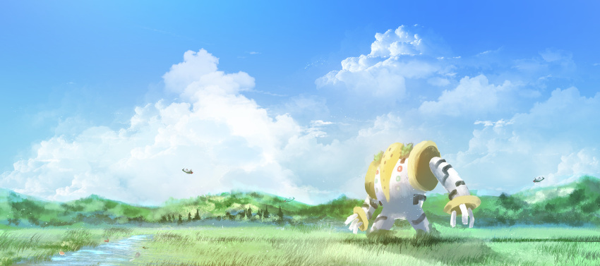 absurdres asaki_(asaki_vision) cloud commentary_request day grass highres hill no_humans outdoors pokemon pokemon_(creature) poliwag regigigas river scenery size_difference sky squirtle standing water yanmega