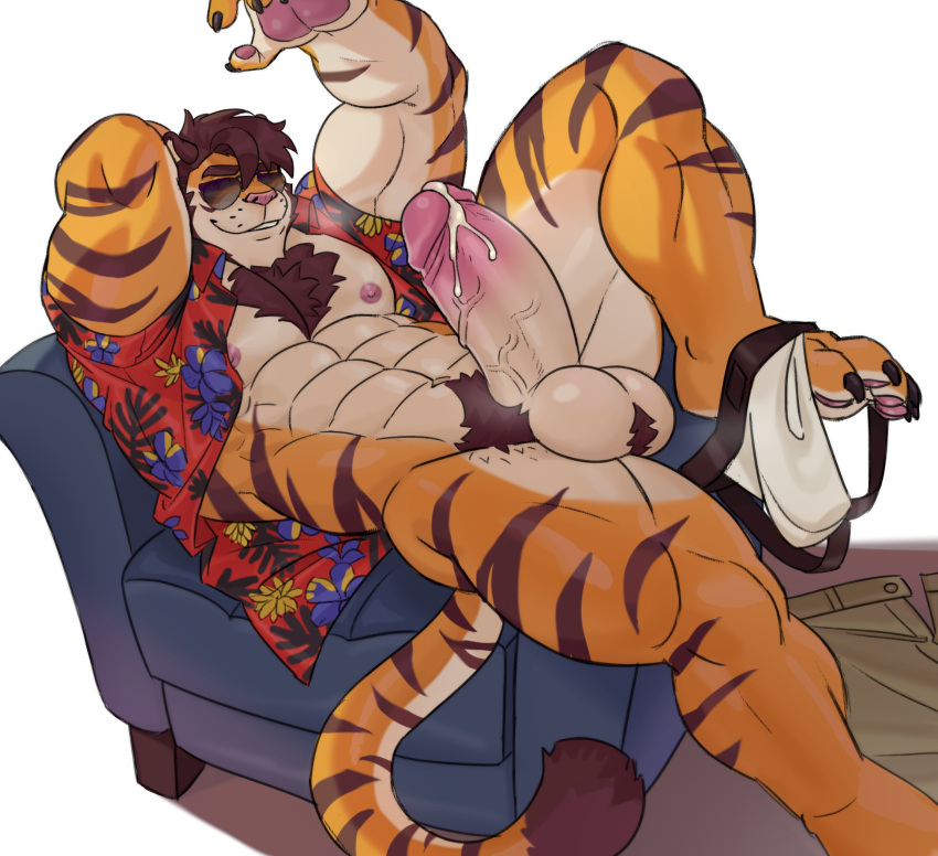 2023 23:21 abs aloha_shirt anthro balls biceps bodily_fluids brown_hair chair chest_tuft claws clothes_on_floor clothing clothing_around_one_leg cum erection eyewear felid finger_claws floral_pattern fukai_kasai fur furniture genital_fluids genitals hair hand_above_head hi_res imato jockstrap khaki_pants leaking_cum male mammal muscular muscular_anthro muscular_arms muscular_male muscular_thighs nipples on_chair orange_body orange_fur pantherine pants_on_floor pattern_clothing pattern_shirt pattern_topwear pawpads pecs penis pubes red_clothing red_shirt red_topwear shirt simple_background sitting sitting_on_chair smile solo striped_body striped_fur stripes sunglasses tiger toe_claws topwear tuft unbuttoned_shirt underwear underwear_around_one_leg white_background white_clothing white_jockstrap white_underwear