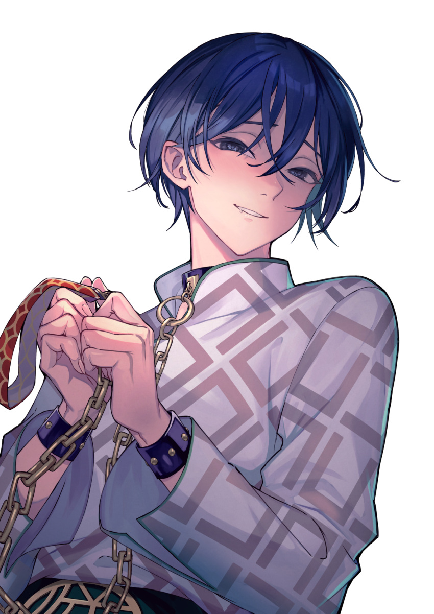 1boy a_harart black_pants blue_eyes blue_hair blush chain charisma_house cuffs dark_blue_hair gold_chain handcuffs highres long_sleeves looking_at_viewer male_focus motohashi_iori pants short_hair smile solo teeth white_background