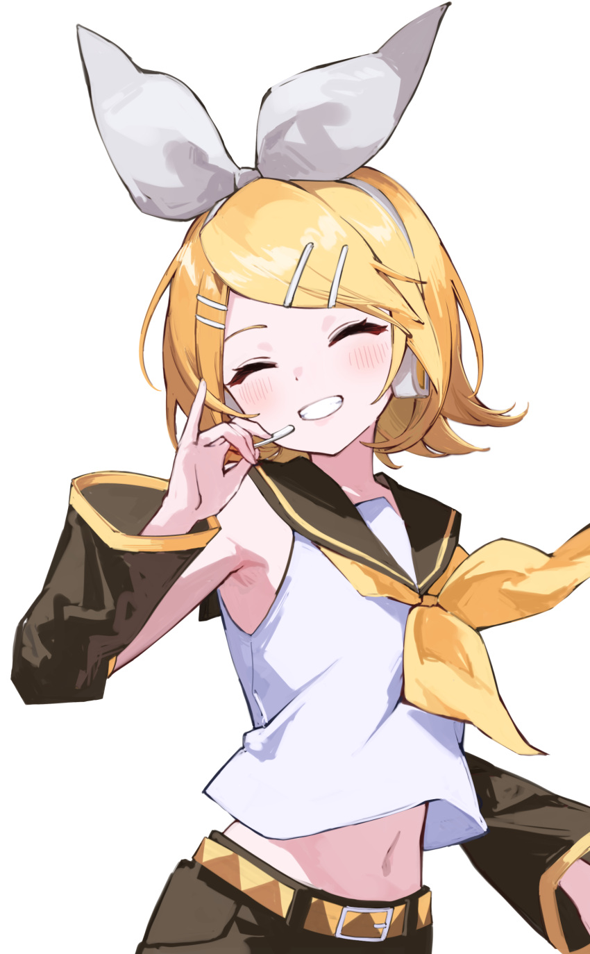 ^_^ absurdres armpits belt black_pants black_sailor_collar black_sleeves blonde_hair blush bow bow_hairband closed_eyes commentary detached_sleeves earpiece grin hair_ornament hairband hairclip hand_up highres kagamine_rin midriff navel neckerchief pants pinky_out rakugaki_ningen sailor_collar shirt short_hair simple_background sleeveless sleeveless_shirt smile solo swept_bangs vocaloid white_background white_bow white_hairband white_shirt yellow_belt yellow_neckerchief yellow_trim