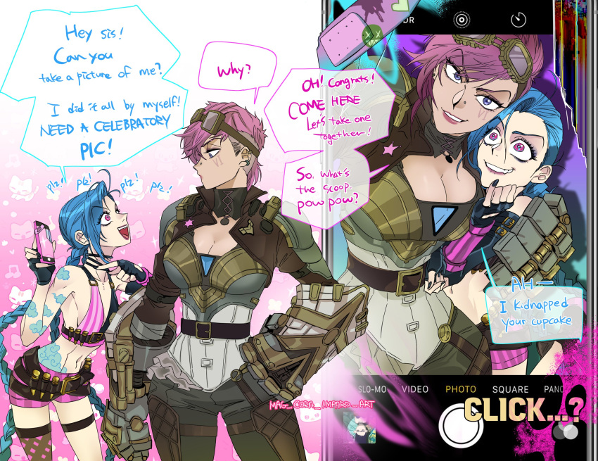 2girls :d arm_tattoo arm_up bandaid bare_shoulders belt blue_hair breasts brown_belt brown_pants cleavage cloud_tattoo collarbone english_text eye_contact gauntlets goggles goggles_on_head grin highres holding holding_phone jinx_(league_of_legends) large_breasts league_of_legends leaning_forward long_hair looking_at_another mag_cora_imparo multiple_girls multiple_views navel pants phone pink_eyes pink_hair pink_shorts selfie short_hair shorts siblings sisters smile speech_bubble stomach striped striped_shorts tattoo teeth twintails vi_(league_of_legends)