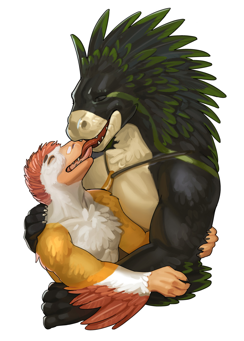 absurd_res ambiguous_gender anthro dinosaur dromaeosaurid duo embrace feathers ferro_(ferrosaur) green_body green_feathers hi_res kissing making_out male reptile rosemary02 scalie size_difference theropod tongue utahraptor yellow_body yellow_feathers