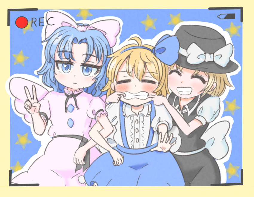 3girls absurdres alice-magatoro alice_margatroid alice_margatroid_(pc-98) black_headwear blonde_hair blue_dress blue_eyes blue_hair blush closed_eyes dress highres looking_at_viewer mai_(touhou) multiple_girls ribbon star_(symbol) touhou touhou_(pc-98) v white_dress white_ribbon wings yuki_(touhou)