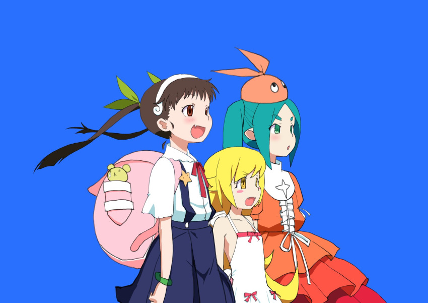 3girls aqua_hair backpack bag bare_shoulders black_hair blonde_hair blue_skirt blush bracelet collared_shirt dress fang googly_eyes green_eyes green_ribbon hachikuji_mayoi hair_ribbon hairband highres itoma_mahimahi jewelry long_hair monogatari_(series) multiple_girls ononoki_yotsugi open_mouth orange_dress orange_headwear oshino_shinobu pink_bag pink_ribbon pointy_ears red_eyes ribbon shirt short_eyebrows skirt smile star_(symbol) suspender_skirt suspenders thick_eyebrows twintails white_dress white_shirt yellow_eyes