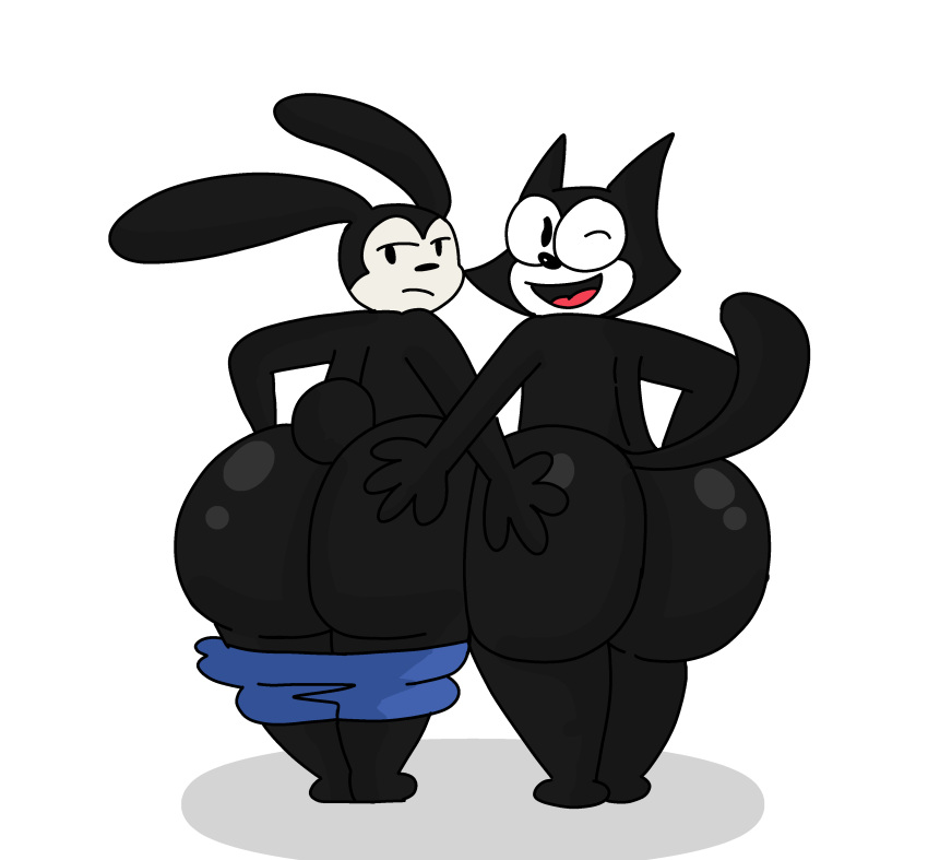 absurd_res anthro big_butt black_body black_fur bottomwear bottomwear_down brappycatty butt clothed clothing disney domestic_cat domestic_rabbit duo felid feline felis felix_the_cat felix_the_cat_(series) fur hand_on_butt hi_res lagomorph leporid male male/male mammal oryctolagus oswald_the_lucky_rabbit pants pants_down partially_clothed rabbit