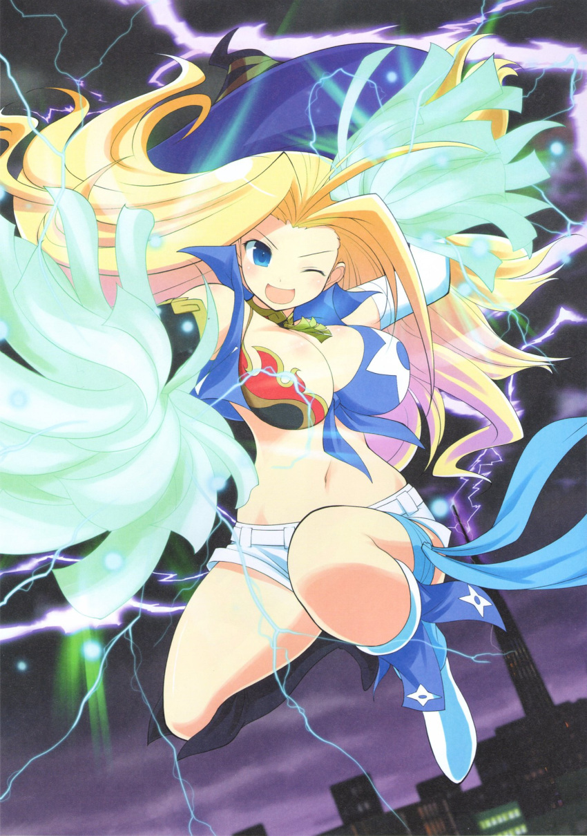 1girl ahoge asymmetrical_gloves aurora blonde_hair blue_eyes blue_footwear blue_ribbon blush bra breasts cheerleader cityscape cloud cloudy_sky collared_shirt crop_top dark_clouds elbow_gloves electricity electrokinesis flame_print gloves glowing groin highres holding holding_pom_poms large_breasts leg_ribbon lightning long_hair midriff mismatched_gloves navel official_art one_breast_out one_eye_closed pom_pom_(cheerleading) ribbon senran_kagura senran_kagura_new_wave shirt short_shorts shorts shuriken sky solo storm storm_cloud thigh_ribbon thunder underwear weapon white_shorts yaegashi_nan yoshimitsu_(senran_kagura)