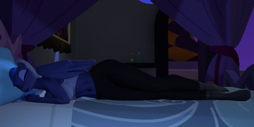3d_(artwork) anonymous_artist anthro bed bottomwear clothed clothing digital_media_(artwork) equid equine eyes_closed female footwear friendship_is_magic furniture hasbro hi_res horn light lying mammal moonlight my_little_pony navel night on_bed on_side pants princess_luna_(mlp) shirt sleeping socks solo source_filmmaker tank_top topwear wide_hips winged_unicorn wings