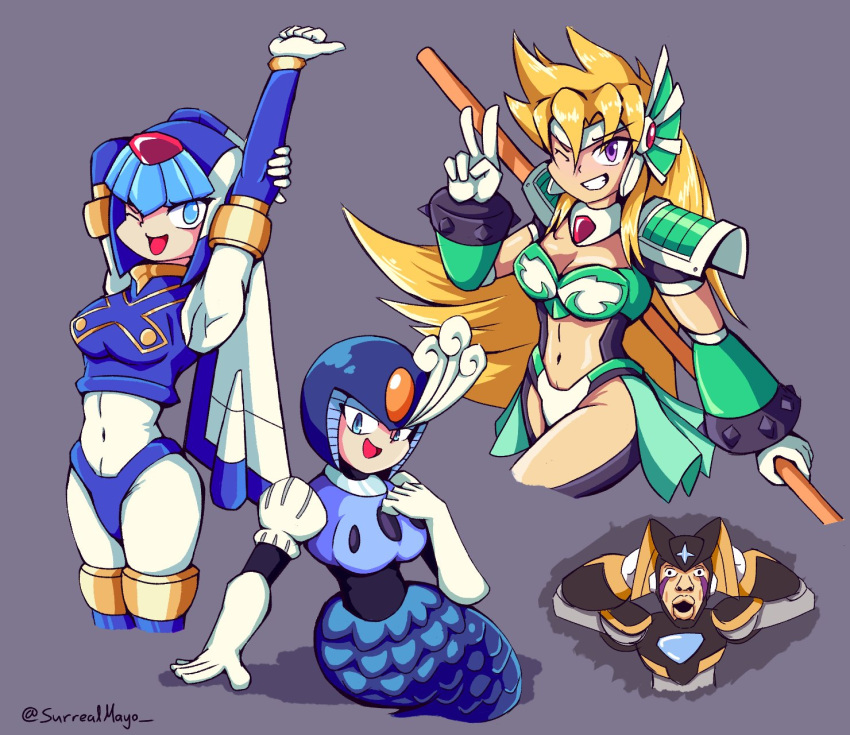 1boy 3girls android bass_(mega_man) blonde_hair blue_eyes commentary english_commentary hands_on_own_head helmet highres leviathan_(mega_man) marty_(mega_man) mega_man_(classic) mega_man_(series) mega_man_x_(manga) mega_man_x_(series) mega_man_zero_(series) meme mermaid monster_girl multiple_girls one_eye_closed purple_eyes shocked_black_guy_(meme) simple_background splash_woman stretching surrealmason upper_body v