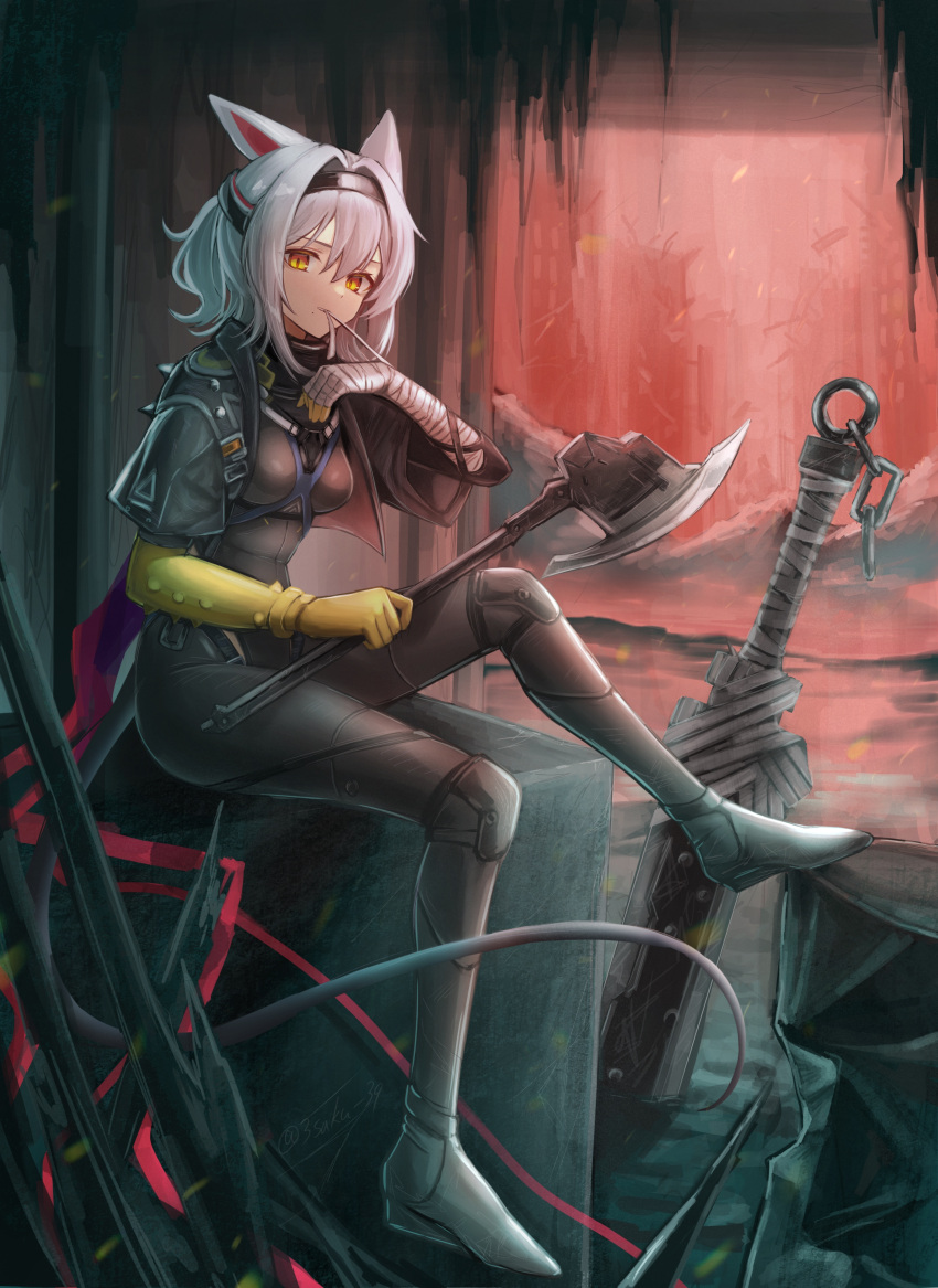 1girl 3_(sanyako1) absurdres animal_ears arknights axe bandaged_arm bandages black_bodysuit bodysuit breasts cave_interior elbow_gloves gloves grey_hair hair_between_eyes highres holding holding_axe holding_weapon looking_at_viewer mouse_ears mouse_girl mouse_tail official_alternate_costume rock scavenger_(arknights) scavenger_(survive)_(arknights) short_hair sitting small_breasts solo tail weapon yellow_eyes yellow_gloves