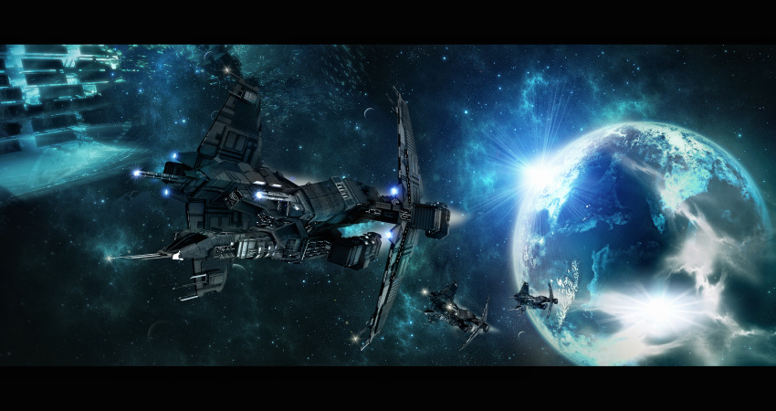 3d caldari_state_(eve_online) cannon commentary concept_art dark energy_cannon eve_online fleet flying frigate_(eve_online) glowing highres interceptor_(eve_online) military military_vehicle nebula no_humans original outdoors planet radio_antenna realistic science_fiction silnys sky space spacecraft star_(sky) starry_sky tech_2_ship_(eve_online) turret vehicle_focus
