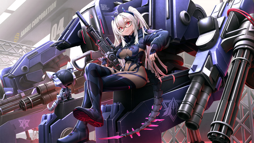 1girl black_nails blush bodysuit breasts covered_navel cropped_hoodie grey_bodysuit grey_hair gun highres holding holding_gun holding_weapon hood hoodie horns humanoid_robot impossible_bodysuit impossible_clothes indie_virtual_youtuber large_breasts long_hair long_sleeves looking_at_viewer mechanical_horns mechanical_tail mochi_(chain_csn) nail_polish non-humanoid_robot red_eyes robot robot_animal robot_dog saruei_(vtuber) scar scar_across_eye sitting smile tail twintails virtual_youtuber weapon