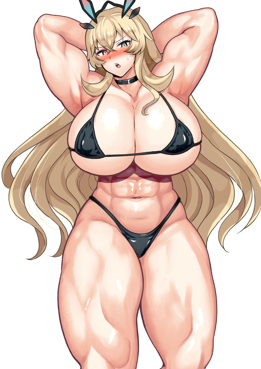 1girl abs absurdres armpits arms_behind_head arms_up bare_shoulders barghest_(fate) biceps bikini black_bikini blonde_hair blush breasts choker cleavage collarbone covered_nipples fate/grand_order fate_(series) green_eyes harurukan heterochromia highres horns huge_breasts long_hair looking_at_viewer micro_bikini muscular muscular_female navel open_mouth red_eyes solo swimsuit thick_thighs thighs