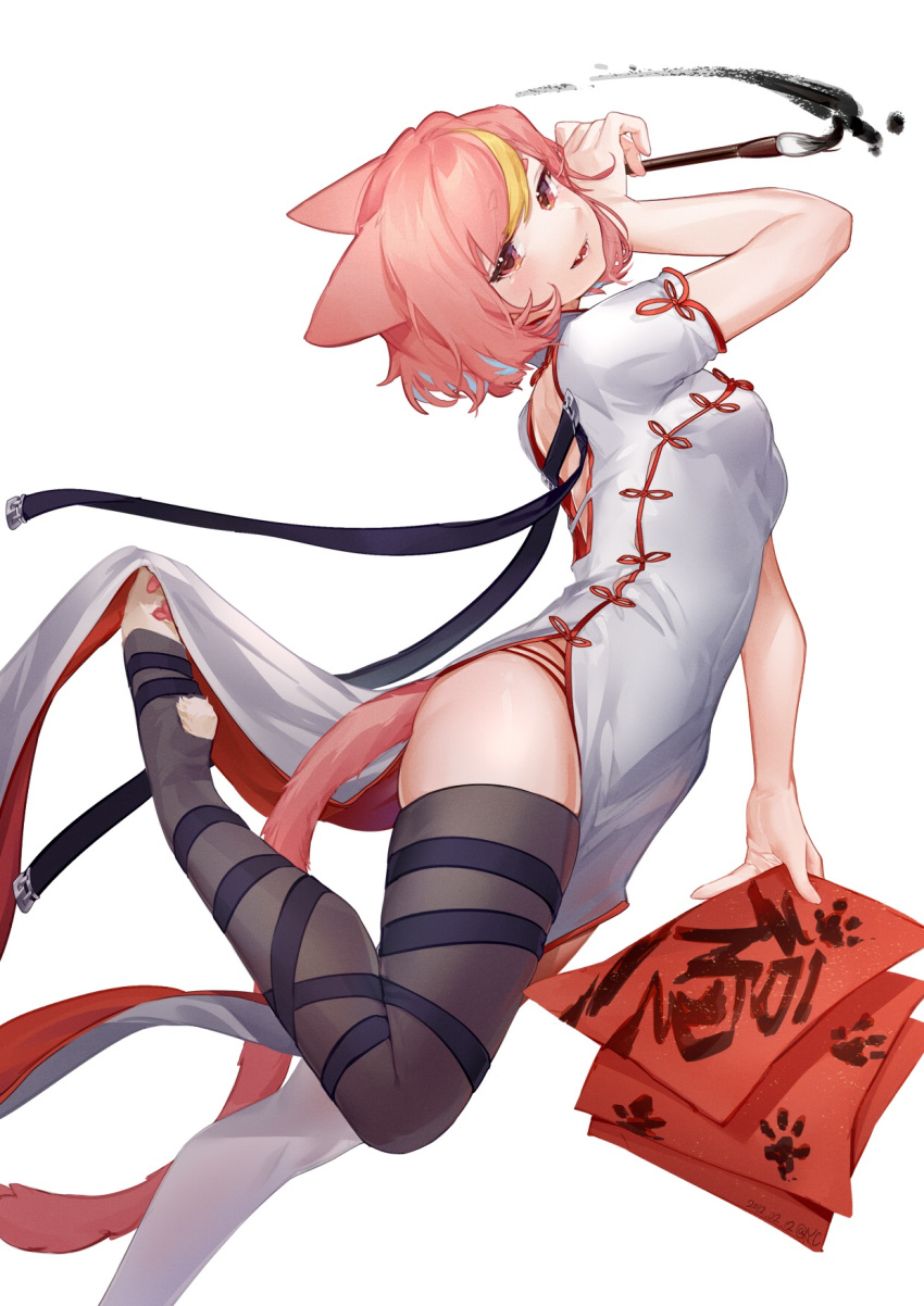 1girl :d animal_ears animal_feet asymmetrical_legwear backless_dress backless_outfit black_thighhighs blonde_hair blue_hair breasts calligraphy_brush cat_ears cat_girl cat_tail china_dress chinese_clothes dress fangs highres light_blue_hair lingxia looking_at_viewer mismatched_legwear multicolored_hair original paintbrush pink_eyes pink_hair short_sleeves side_slit simple_background small_breasts smile tail thighhighs white_background white_dress white_thighhighs