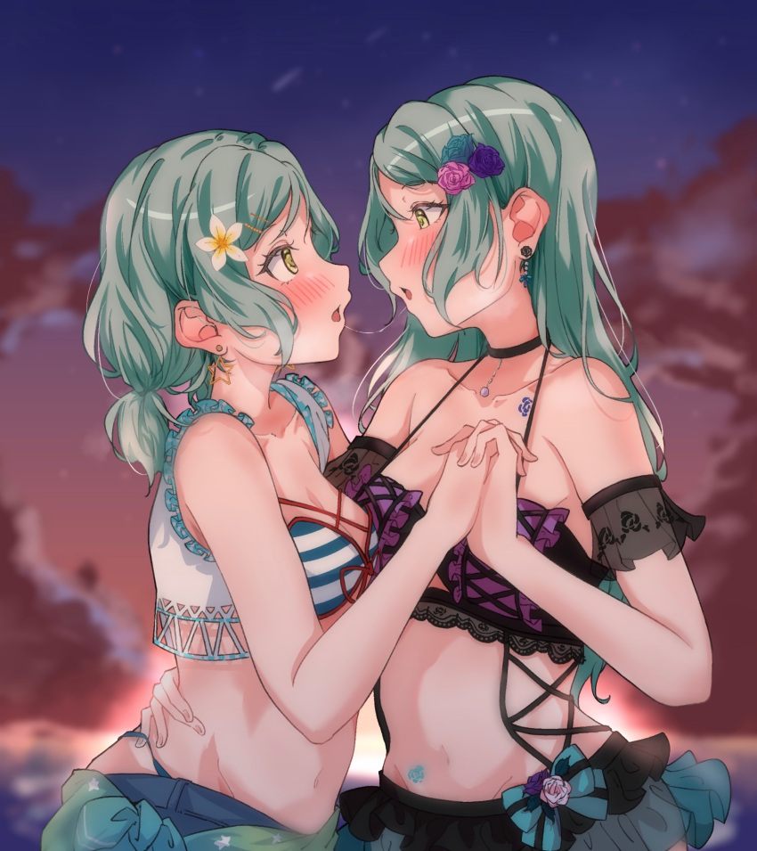 2girls after_kiss aqua_hair bang_dream! black_choker blush breasts choker earrings extreme_yuri_buta flower flower_earrings hair_flower hair_ornament hairclip highres hikawa_hina hikawa_sayo holding_hands incest interlocked_fingers jewelry long_hair looking_at_another medium_breasts medium_hair multiple_girls saliva saliva_trail siblings sisters star_(symbol) star_earrings swimsuit twincest twins yuri