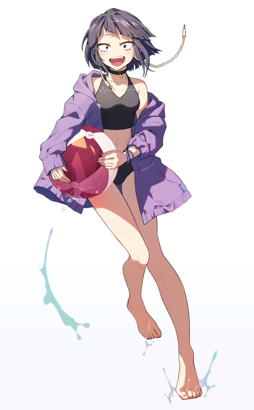 1girl :d abiko_yuuji audio_jack ball beachball bikini black_bikini black_choker black_eyes black_hair blunt_bangs boku_no_hero_academia bracelet choker collarbone highres holding holding_ball holding_beachball jacket jewelry jirou_kyouka long_earlobes looking_at_viewer navel off_shoulder open_clothes open_jacket open_mouth purple_hair purple_jacket short_hair simple_background smile solo swimsuit white_background