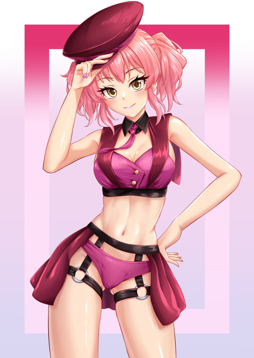 1girl absurdres bare_arms bare_shoulders bikini breasts brown_eyes closed_mouth cowboy_shot hand_up hat highres holding holding_clothes holding_hat idolmaster idolmaster_cinderella_girls jougasaki_mika large_breasts multicolored_background nail_polish navel necktie o-ring peaked_cap pink_bikini pink_hair shiny_skin short_necktie smile solo swimsuit tagme tanjunde twintails