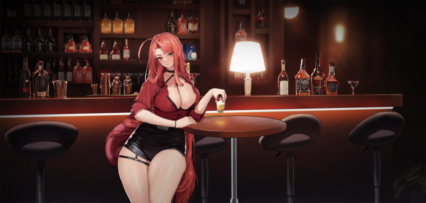 1girl ahoge alcohol bar_(place) bar_stool beast_hunter_(last_origin) belt between_breasts black_belt black_bra black_collar black_shorts bra bra_peek bracelet breasts buttons cherry cleavage cocktail_shaker collar counter cowboy_shot cross cross_earrings cup drink drinking_glass earrings elbow_on_table food fruit glass_bottle hair_intakes hand_on_table highres holding holding_cup holding_drink huge_ahoge indoors jewelry lamp large_breasts last_origin leather_shorts liquor long_hair looking_at_viewer nail_polish o-ring_strap o-ring_suspenders official_alternate_costume official_art parted_lips partially_unbuttoned red_eyes red_hair red_nails red_shirt round_table shelf shirt shorts shot_glass sitting sleeves_rolled_up solo stool suspenders table tachi-e thick_eyebrows thick_thighs thigh_strap thighs third-party_source tunamayo_(dsasd751) underwear very_long_hair wooden_table
