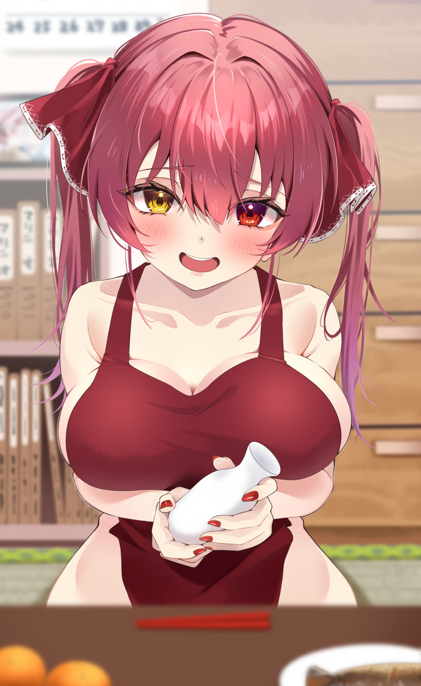 1girl absurdres apron bare_shoulders blush breasts cleavage collarbone flower hair_flower hair_ornament hair_ribbon heterochromia highres hololive houshou_marine indoors large_breasts long_hair looking_at_viewer mogmog_megmog naked_apron open_mouth red_apron red_eyes red_hair red_nails red_ribbon ribbon solo twintails virtual_youtuber yellow_eyes