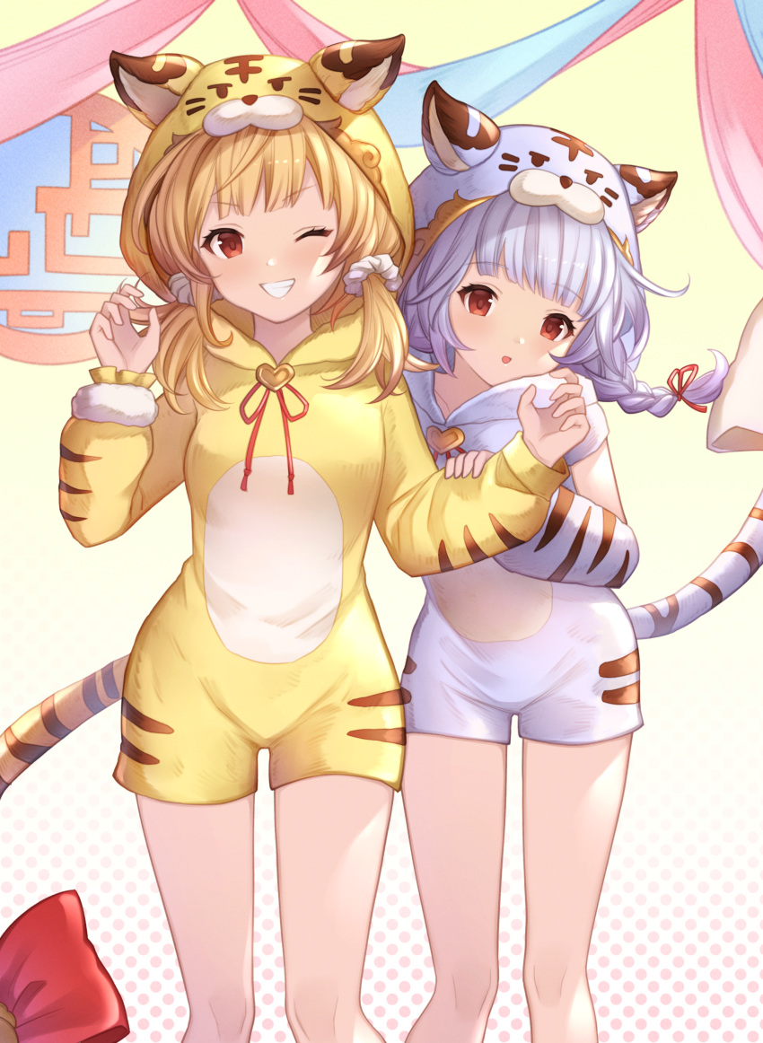 2girls :o absurdres animal_costume animal_hood animal_print annno_ans bai_(granblue_fantasy) blonde_hair blunt_bangs braid chinese_zodiac claw_pose detached_sleeves feet_out_of_frame granblue_fantasy grin hair_ornament hair_scrunchie halftone halftone_background hand_on_another's_arm hands_up highres hood huang_(granblue_fantasy) long_hair long_sleeves low_twintails multiple_girls neck_ribbon one_eye_closed red_eyes red_ribbon ribbon scrunchie single_braid smile standing tail tiger_costume tiger_hood tiger_print tiger_tail twintails white_hair yellow_background