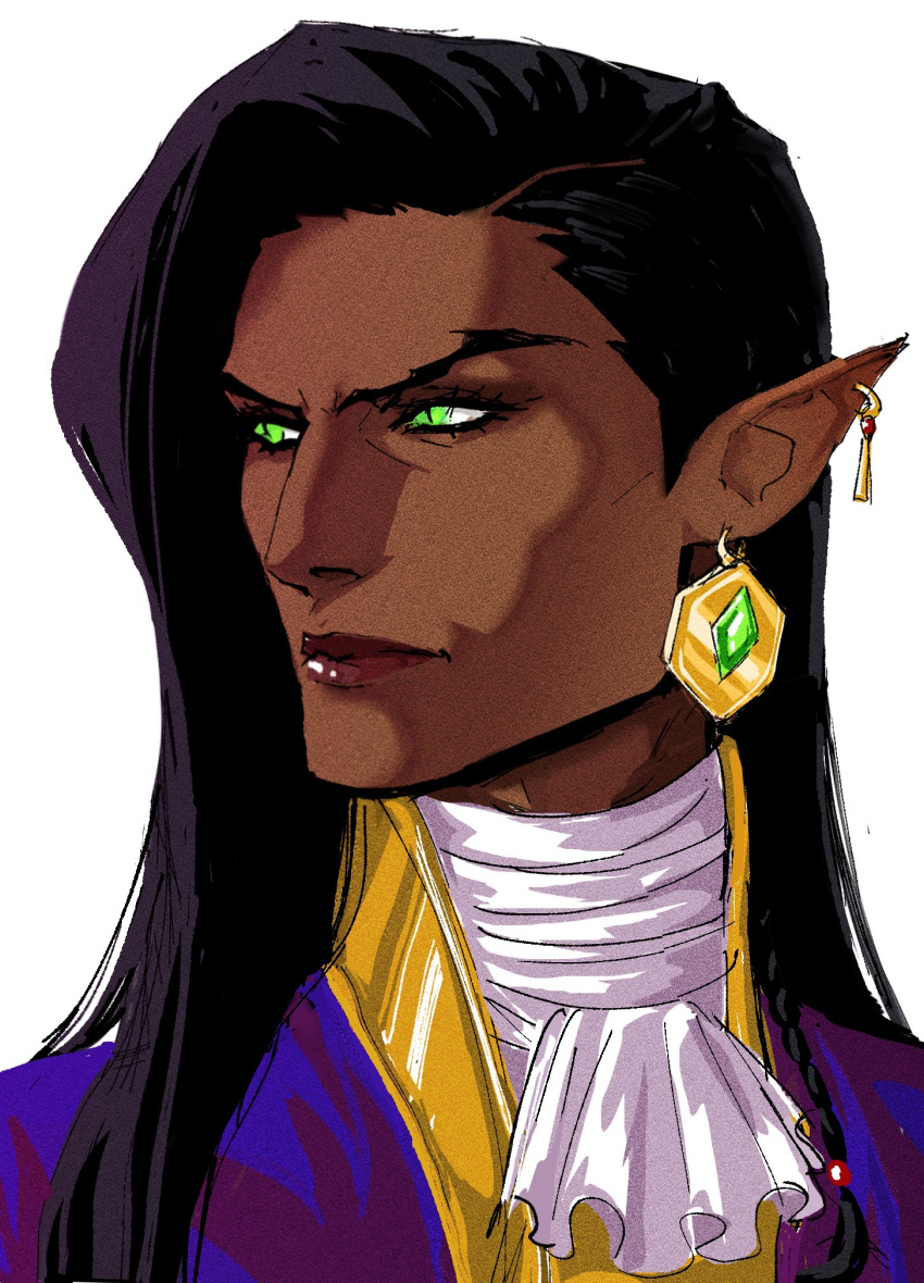 1boy ascot brown_hair burning_dollz castlevania:_nocturne dark-skinned_male dark_skin earrings eyelashes glowing glowing_eyes green_eyes highres jewelry long_hair looking_to_the_side male_focus olrox pointy_ears portrait single_earring slit_pupils solo turning_head unfinished