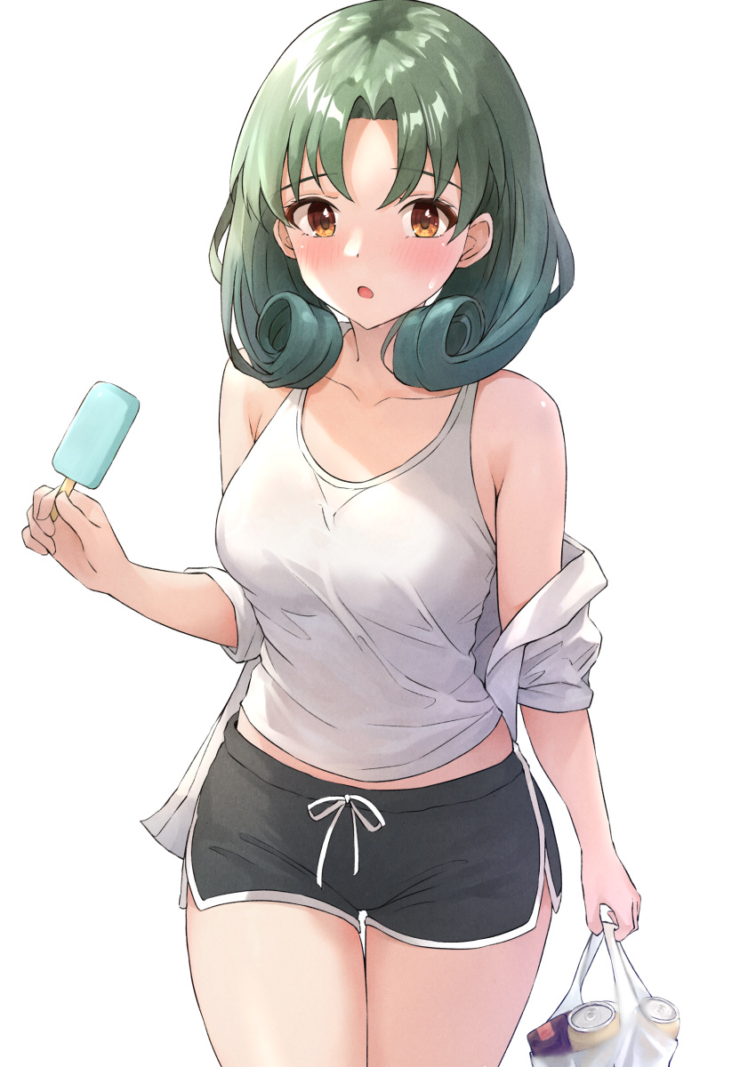 1girl absurdres alternate_costume b1ack_illust bag blush breasts camisole collarbone dolphin_shorts green_hair highres holding holding_bag holding_ice_cream ice_cream_bar idolmaster idolmaster_million_live! looking_at_viewer medium_breasts midriff_peek plastic_bag shorts side_slit simple_background solo sweatdrop tokugawa_matsuri white_background white_camisole