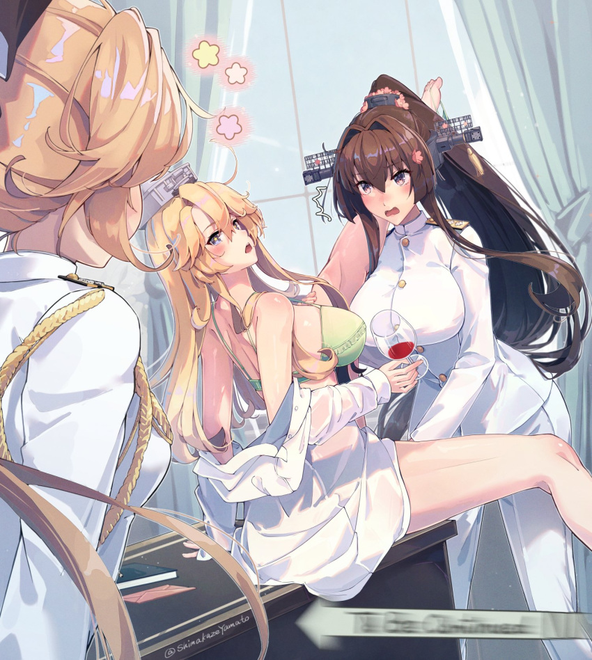 3girls akigumo_(kancolle) alcohol blonde_hair blush bra breasts brown_eyes brown_hair cherry_blossoms cup drinking_glass drunk flower hair_between_eyes hair_flower hair_ornament headgear highres himeyamato holding holding_cup iowa_(kancolle) kantai_collection large_breasts leg_on_another's_shoulder leg_up long_hair long_sleeves multiple_girls open_mouth ponytail thighs to_be_continued underwear very_long_hair wine wine_glass yamato_(kancolle) yuri