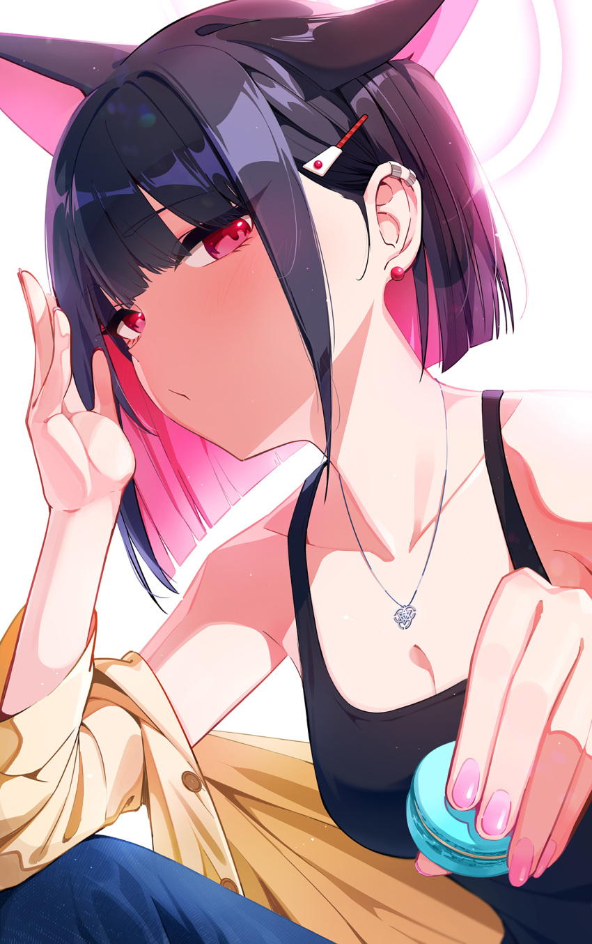 1girl black_hair blue_archive breasts cleavage collarbone colored_inner_hair commentary_request food hair_ornament hairclip halo highres holding holding_food jewelry kazusa_(blue_archive) looking_at_viewer macaron medium_breasts multicolored_hair nasan_(coldtime) necklace pink_eyes pink_hair shirt short_hair sitting solo upper_body yellow_shirt
