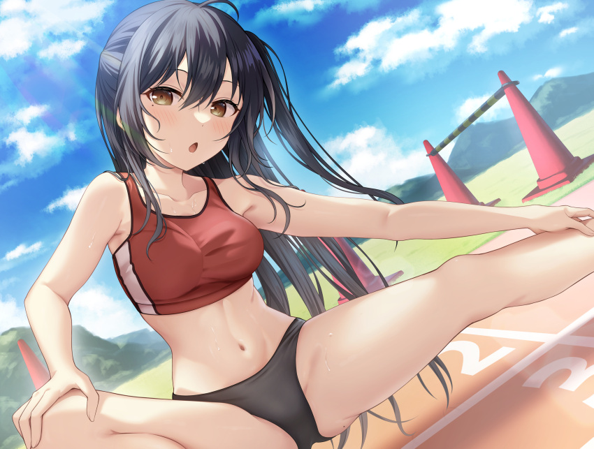 1girl ahoge bare_arms bare_shoulders black_buruma black_hair blue_sky breasts brown_eyes buruma chestnut_mouth cloud collarbone commission day hair_between_eyes highres long_hair looking_at_viewer medium_breasts mole mole_on_thigh mole_under_eye mountain navel original outdoors parted_lips skeb_commission sky solo stretching very_long_hair yuusa