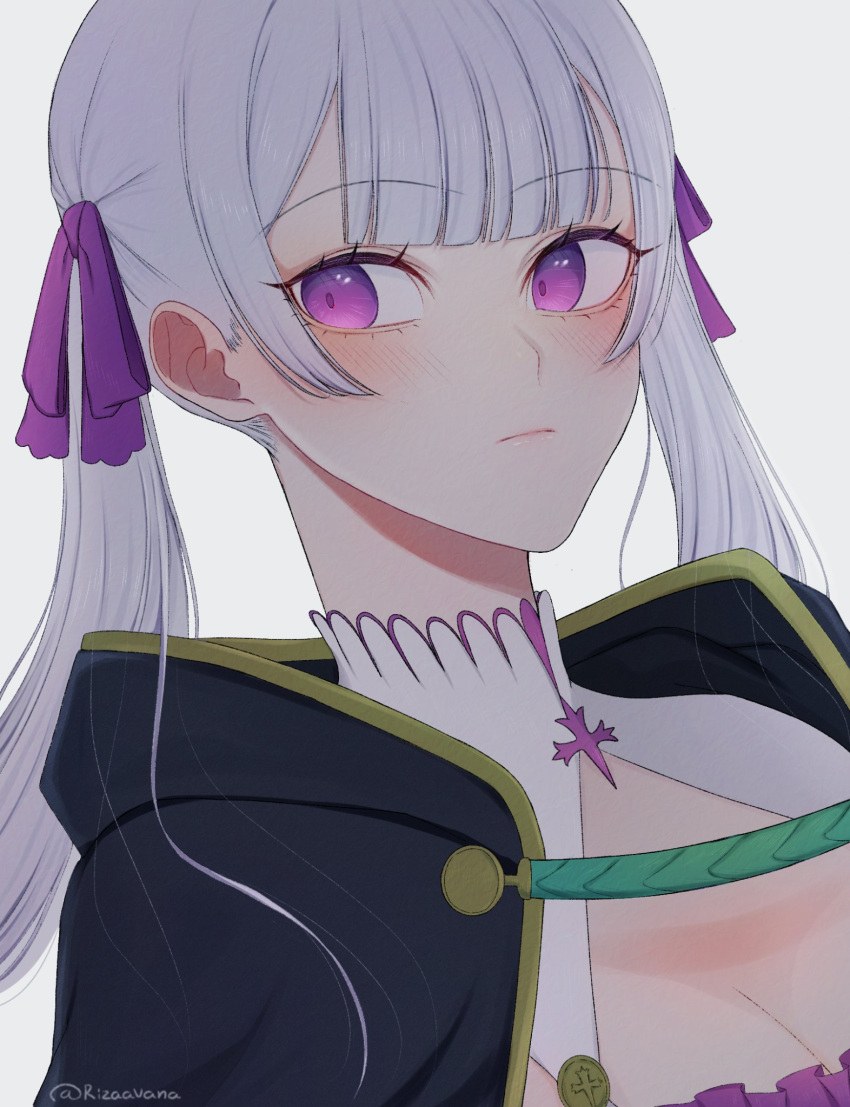 1girl black_capelet black_clover blush breasts capelet cleavage closed_mouth grey_hair hair_ribbon highres jacket long_hair looking_to_the_side low_twintails noelle_silva purple_eyes purple_ribbon ribbon rizaavana sidelocks solo twintails white_jacket