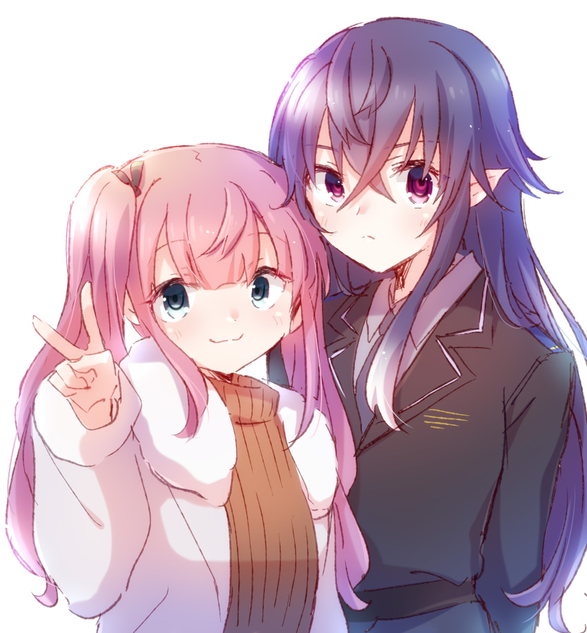 2girls absurdres black_shirt blue_eyes highres irina_luminesk jacket long_hair looking_at_viewer military_uniform multiple_girls necktie nyaa_(nnekoron) pink_hair pointy_ears purple_eyes purple_hair shirt simonyan_anya smile sweater tsuki_to_laika_to_nosferatu twintails uniform v white_jacket