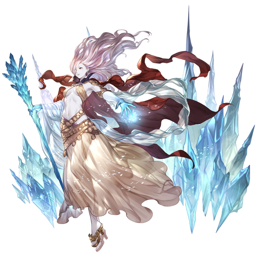 1girl breasts criss-cross_halter earrings floating_hair full_body granblue_fantasy grey_eyes hair_over_one_eye halterneck high_heels holding holding_staff ice jewelry long_hair minaba_hideo navel official_art snow_white_(granblue_fantasy) solo staff third-party_source transparent_background white_hair