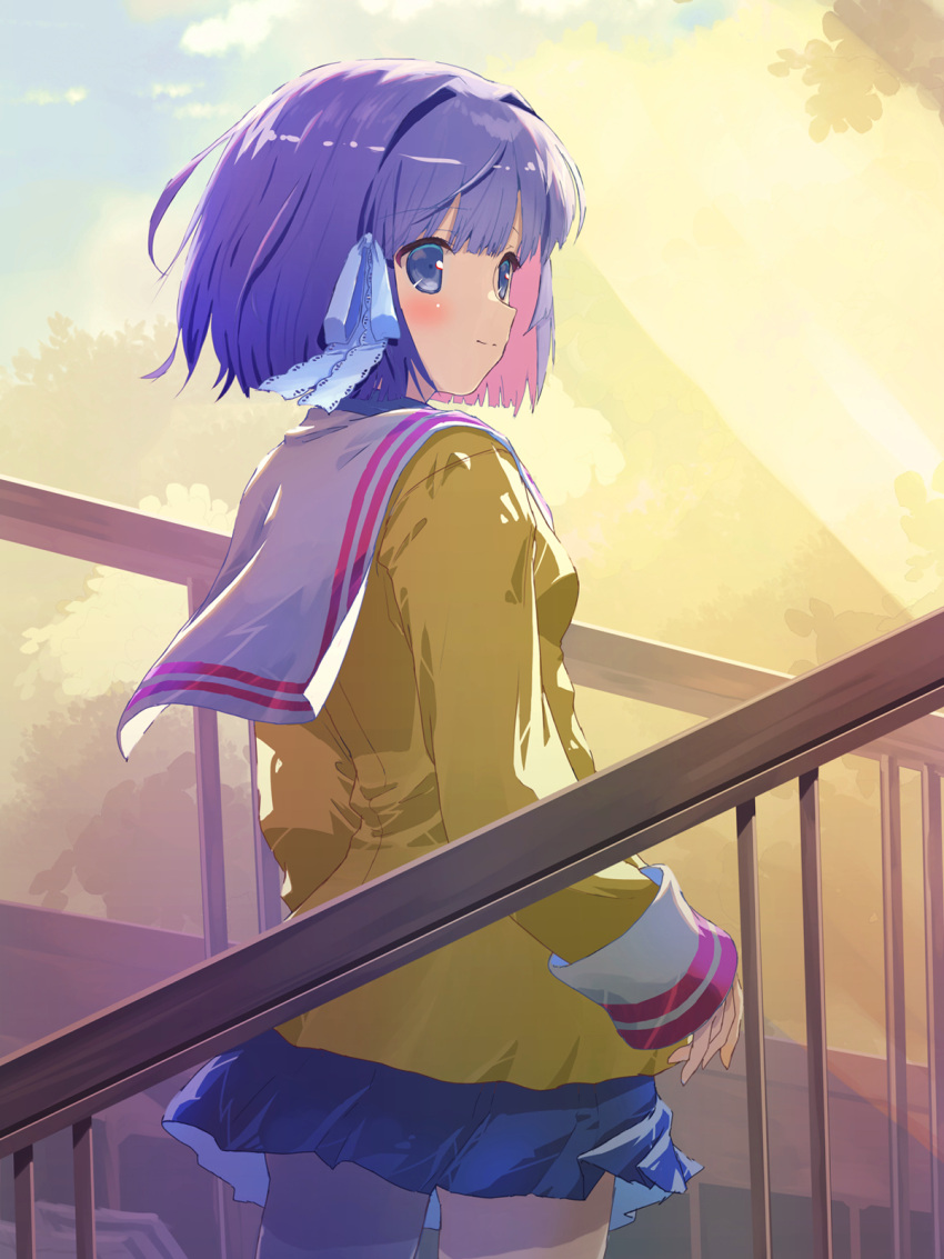 1girl akayama_yukihe blue_eyes blue_skirt blunt_bangs blush clannad closed_mouth commentary cowboy_shot fence frilled_ribbon frills from_behind fujibayashi_ryou hair_intakes hair_ribbon highres hikarizaka_private_high_school_uniform jacket long_sleeves looking_afar medium_hair miniskirt outdoors pleated_skirt purple_hair ribbon sailor_collar school_uniform skirt sky smile solo standing straight_hair sunset white_ribbon white_sailor_collar yellow_jacket yellow_sky