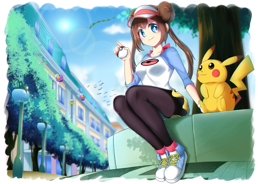 1girl alternate_color blue_eyes blue_sky breasts brown_hair city collarbone double_bun drifloon hair_bun highres lamppost looking_at_viewer pantyhose_under_shorts pikachu pokemon pokemon_(creature) pokemon_(game) pokemon_bw2 raglan_sleeves rayquaza rika_(pixiv_27304980) rosa_(pokemon) shiny_pokemon shorts sitting sky smile sparkle sun visor_cap